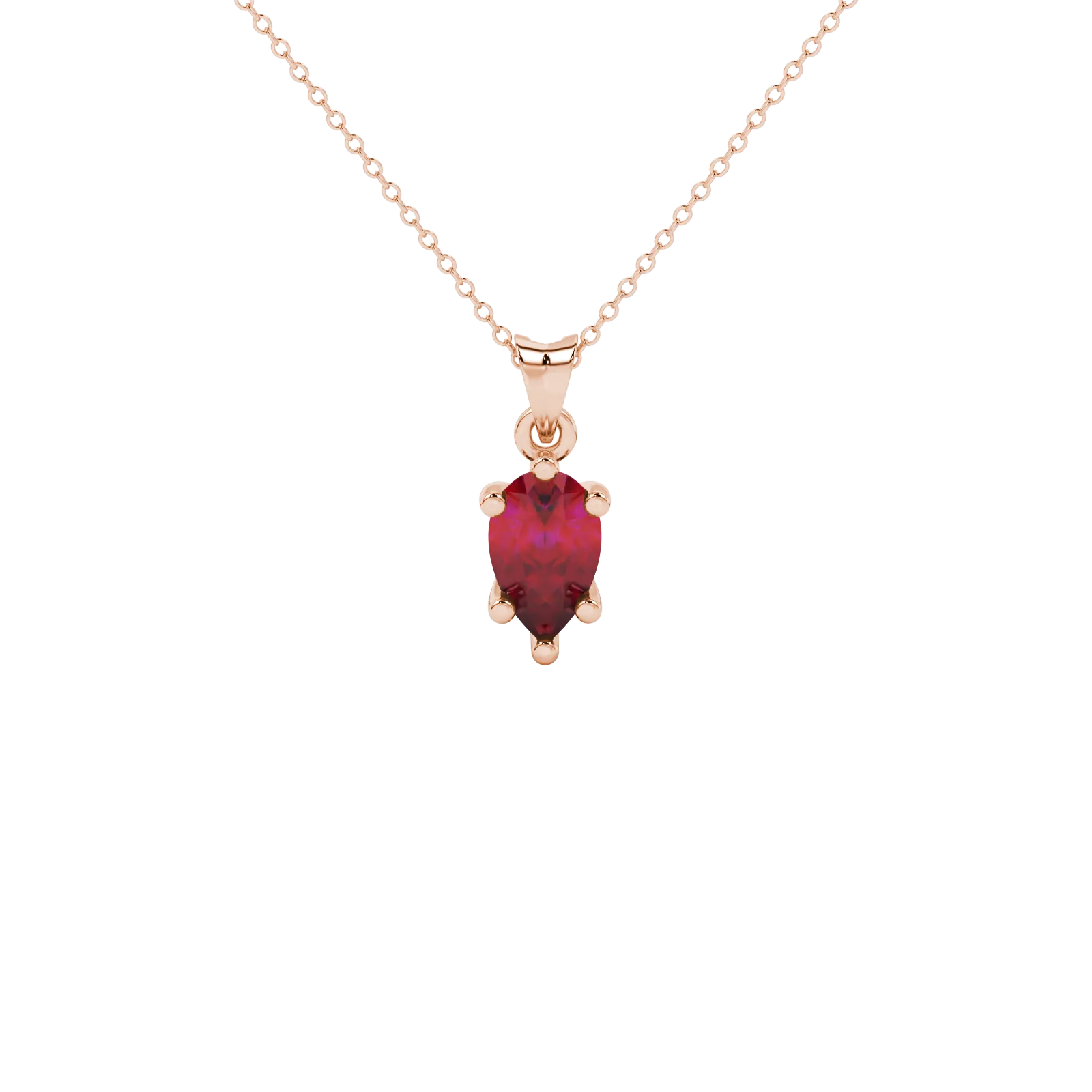 Pear shape raspberry red gemstone pendant, rose gold crystalline six-prong setting.