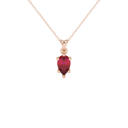 Pear shape raspberry red gemstone pendant, rose gold crystalline six-prong setting.