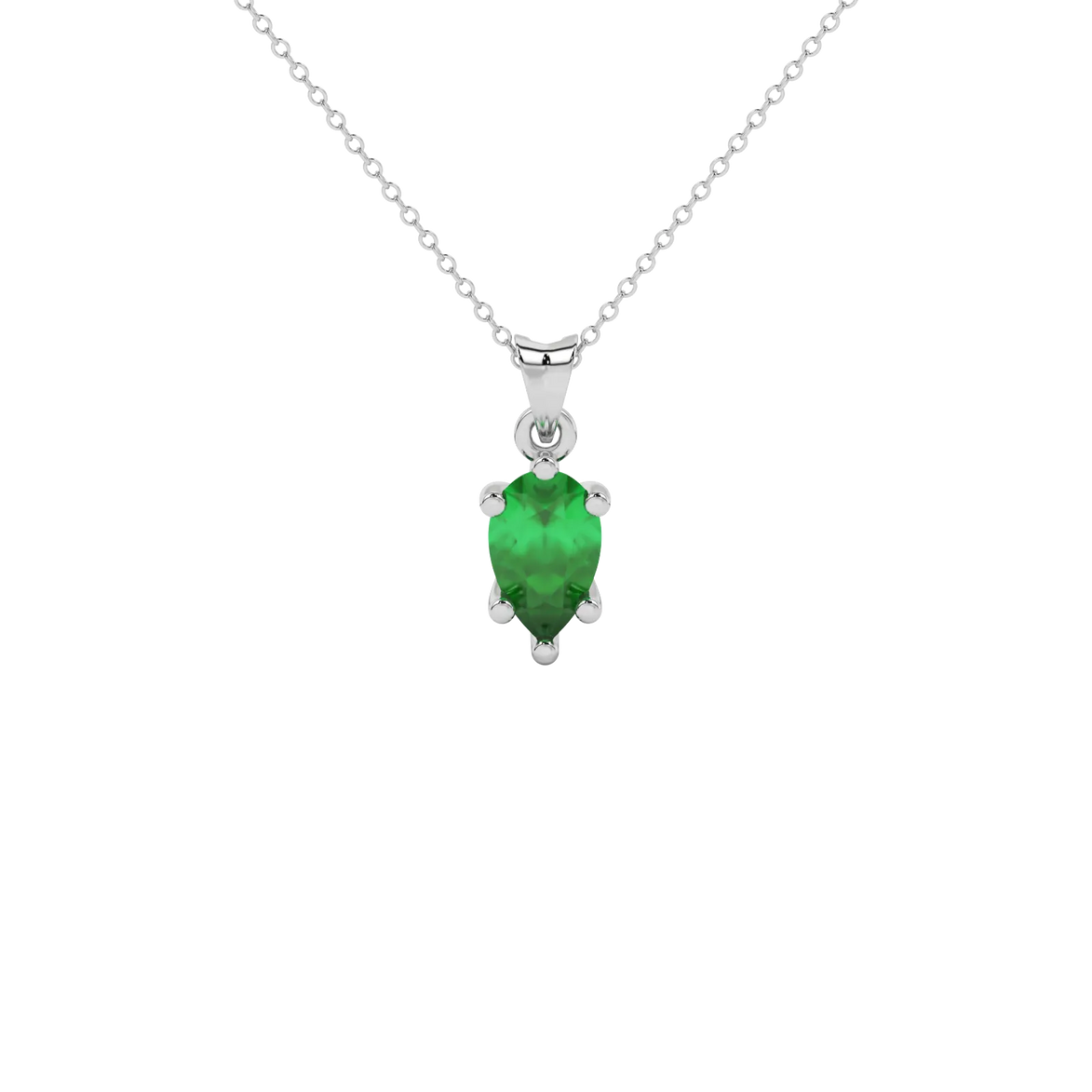 Pear shape emerald green gemstone pendant, white gold six-prong setting.