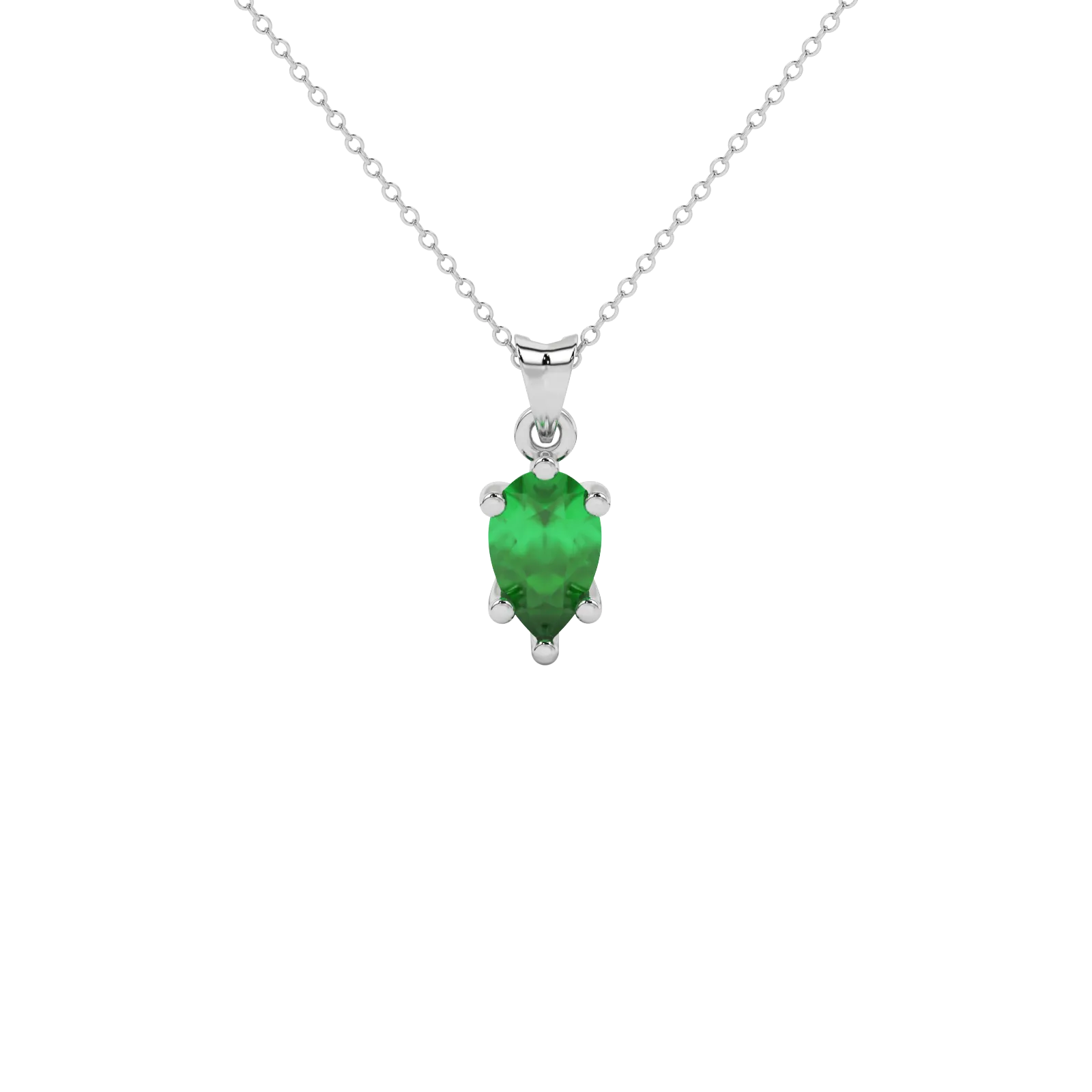 Pear shape emerald green gemstone pendant, white gold six-prong setting.