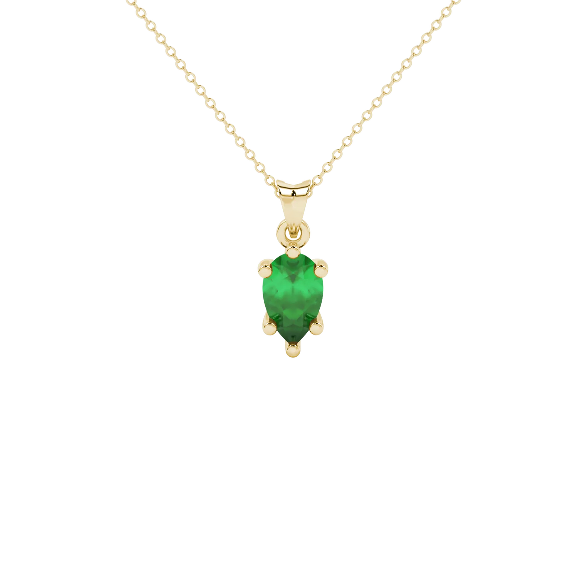 Pear shape emerald green gemstone pendant, yellow gold six-prong setting.