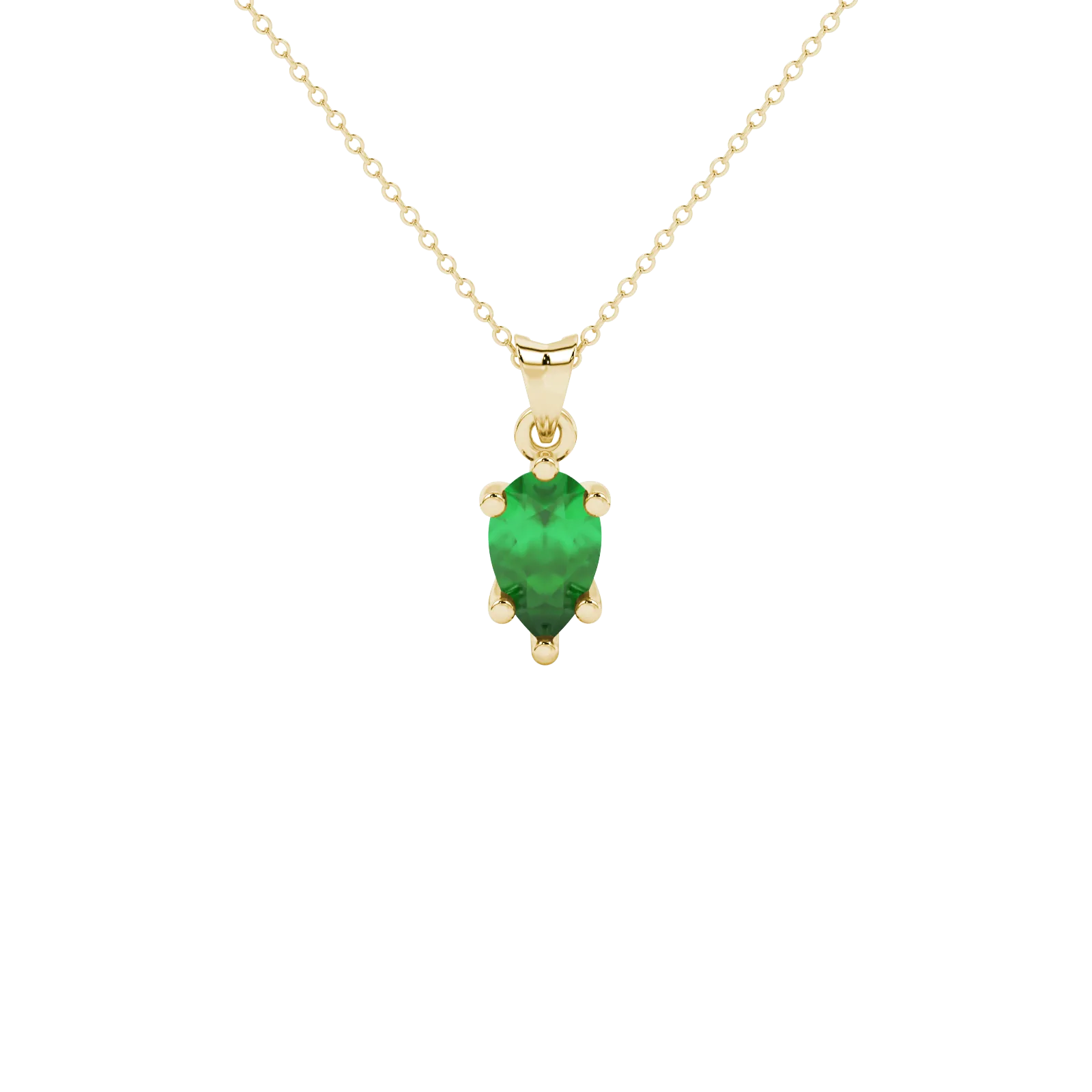 Pear shape emerald green gemstone pendant, yellow gold six-prong setting.