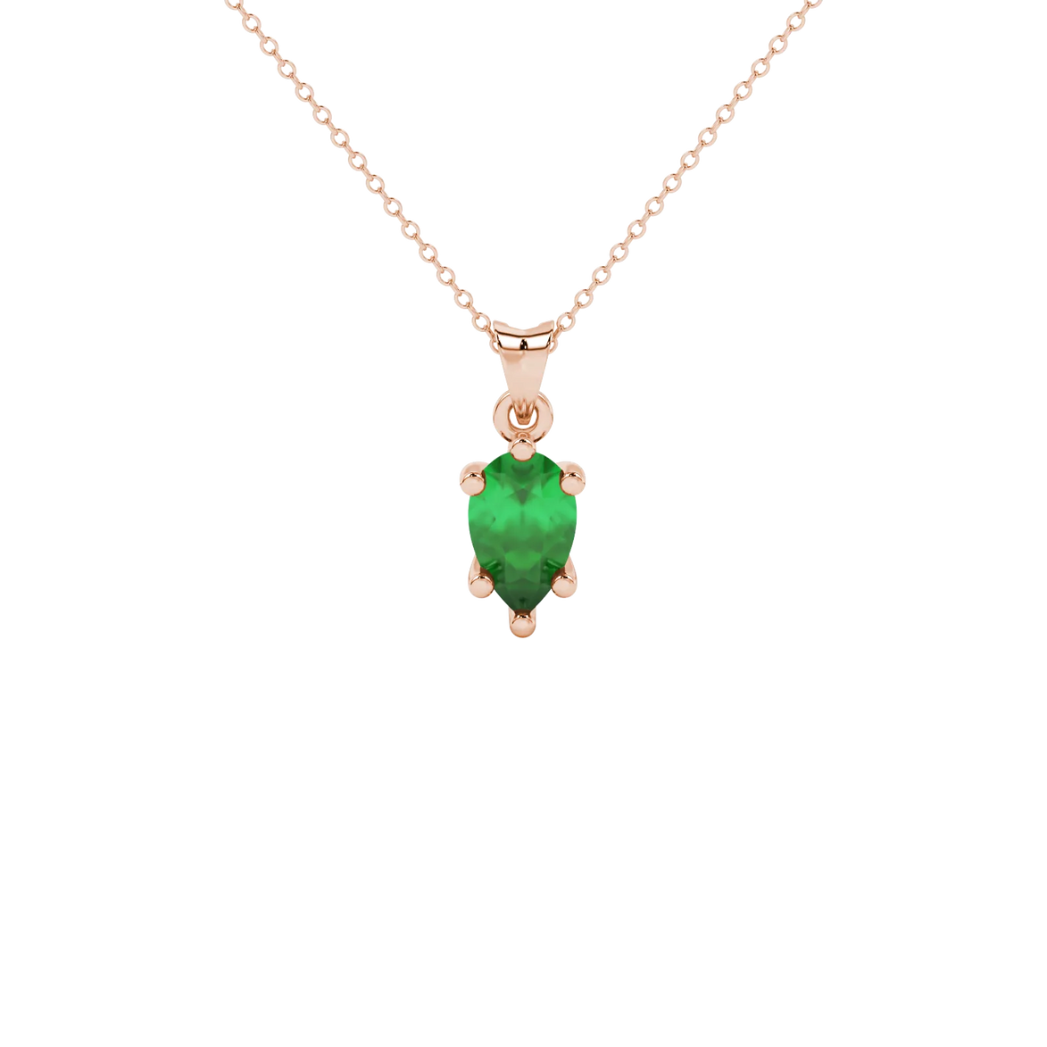 Pear shape emerald green gemstone pendant, rose gold six-prong setting.
