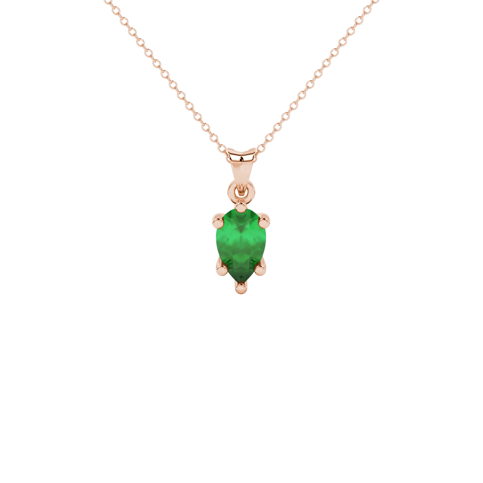 Pear shape emerald green gemstone pendant, rose gold six-prong setting.