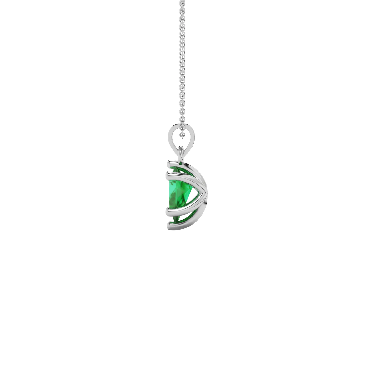 Side profile, white gold emerald green pendant, six-prong gallery design.