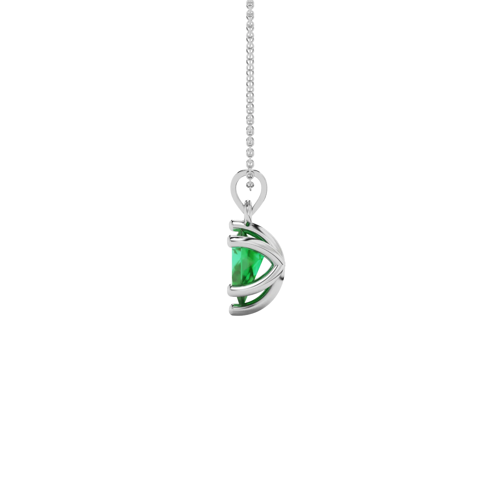 Side profile, white gold emerald green pendant, six-prong gallery design.
