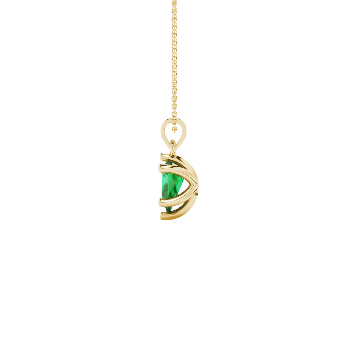 Side profile, yellow gold emerald green pendant, six-prong gallery design.