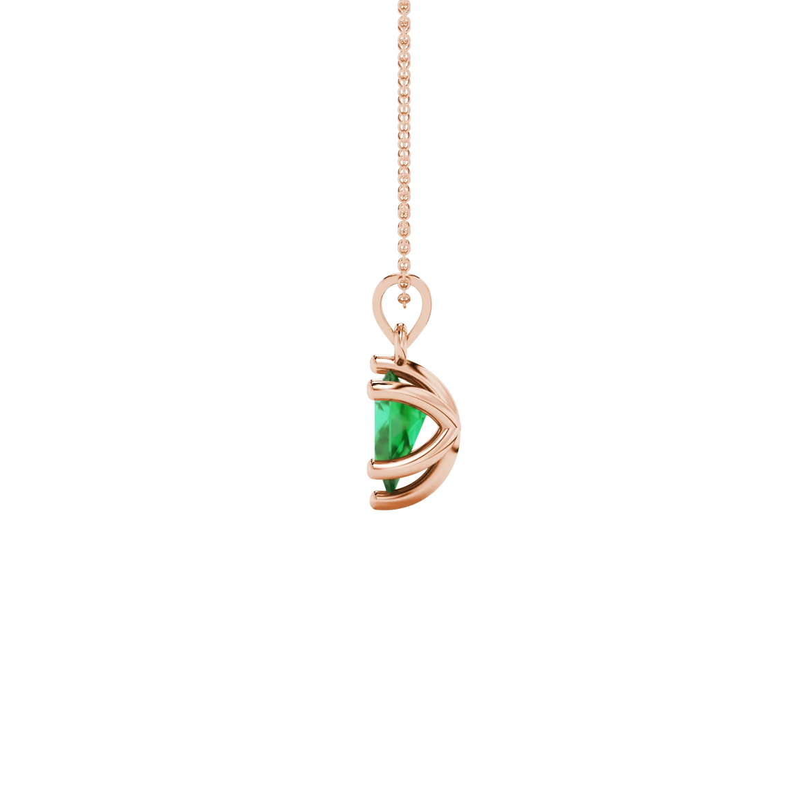 Side profile, rose gold emerald green pendant, six-prong gallery design.