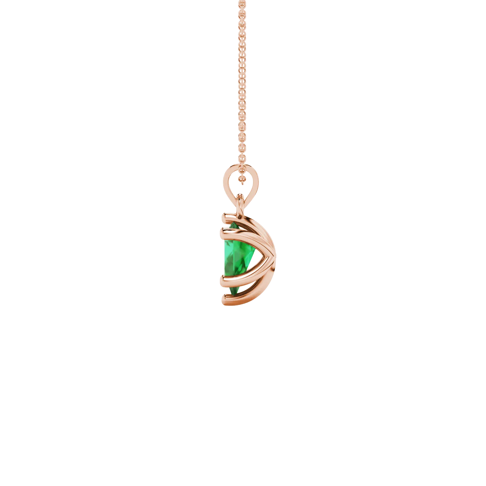 Side profile, rose gold emerald green pendant, six-prong gallery design.