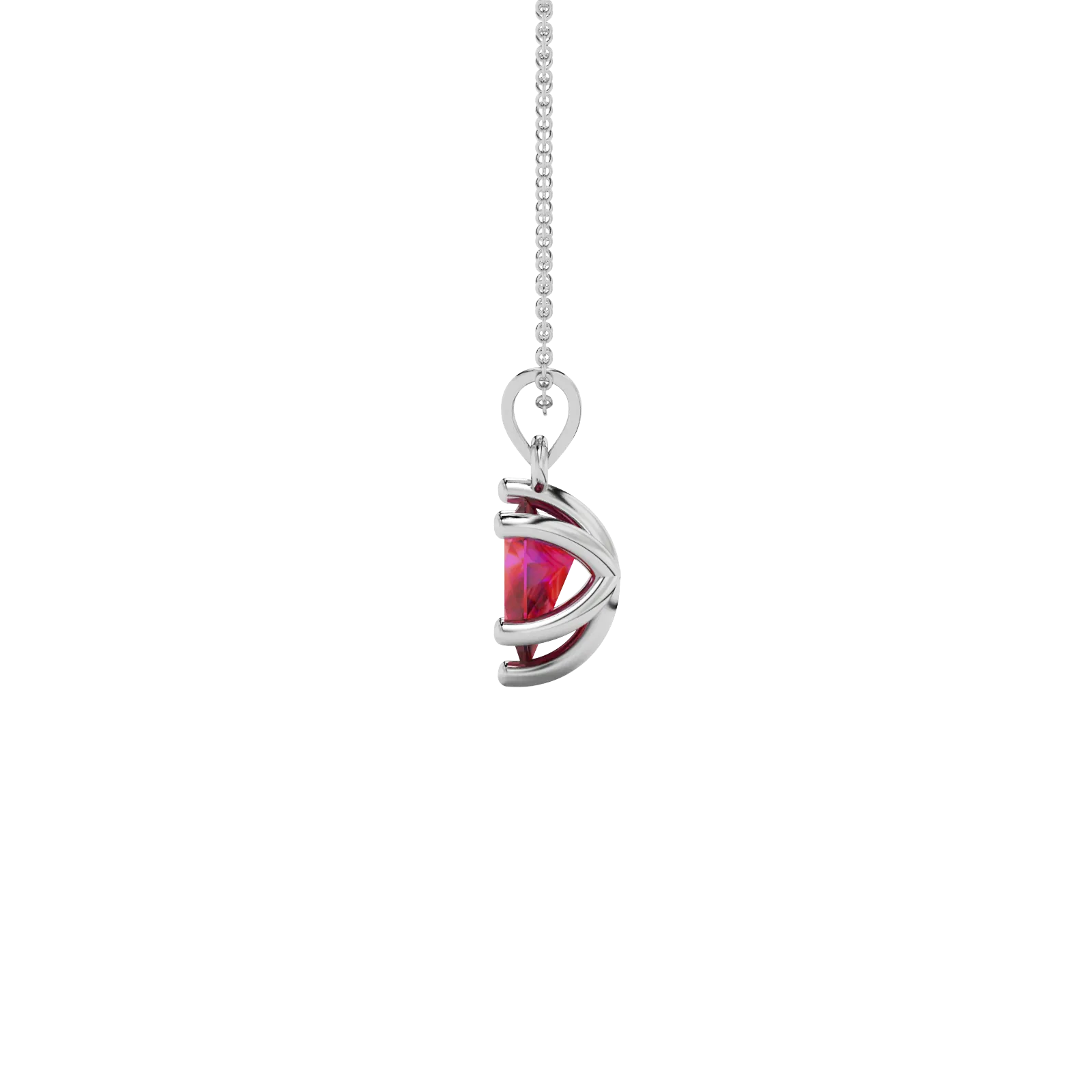 Side profile, white gold raspberry red pendant, six-prong gallery design.