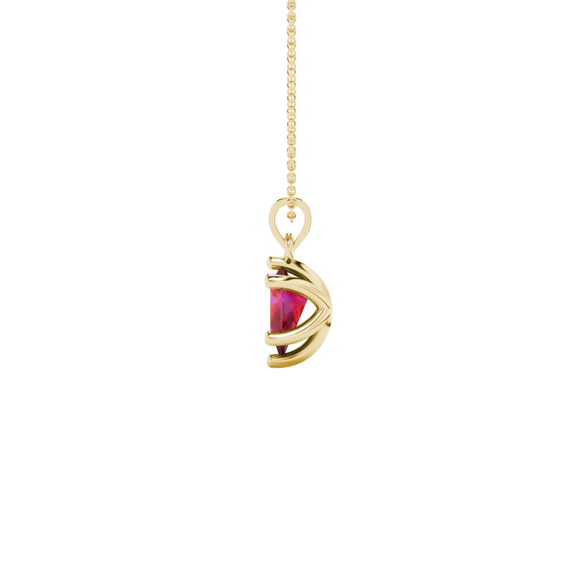 Side profile, yellow gold raspberry red pendant, six-prong gallery design.