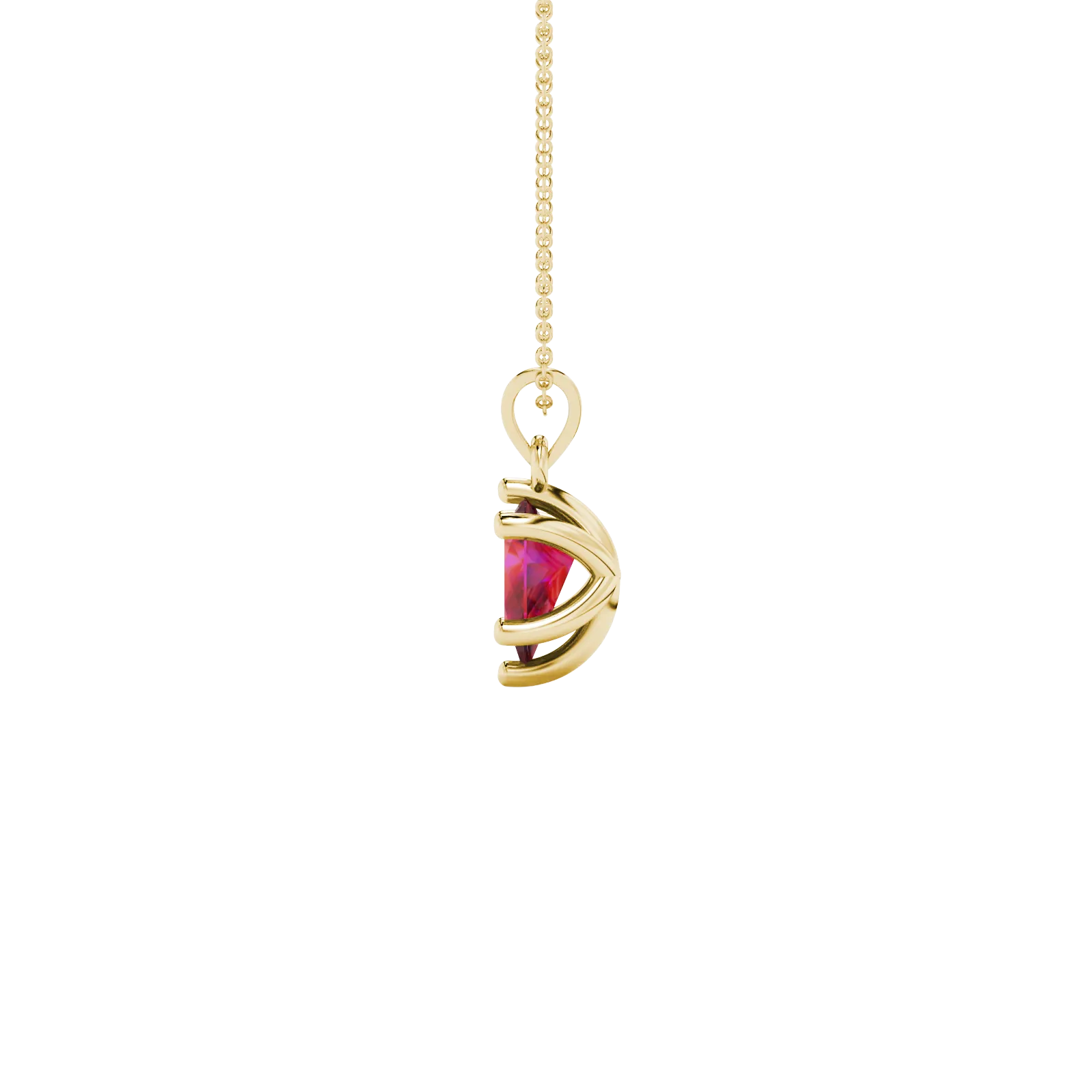 Side profile, yellow gold raspberry red pendant, six-prong gallery design.