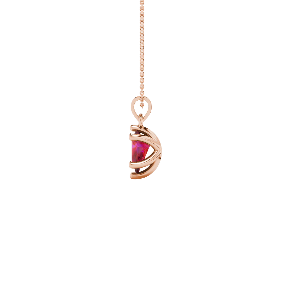 Side profile, rose gold raspberry red pendant, six-prong gallery design.