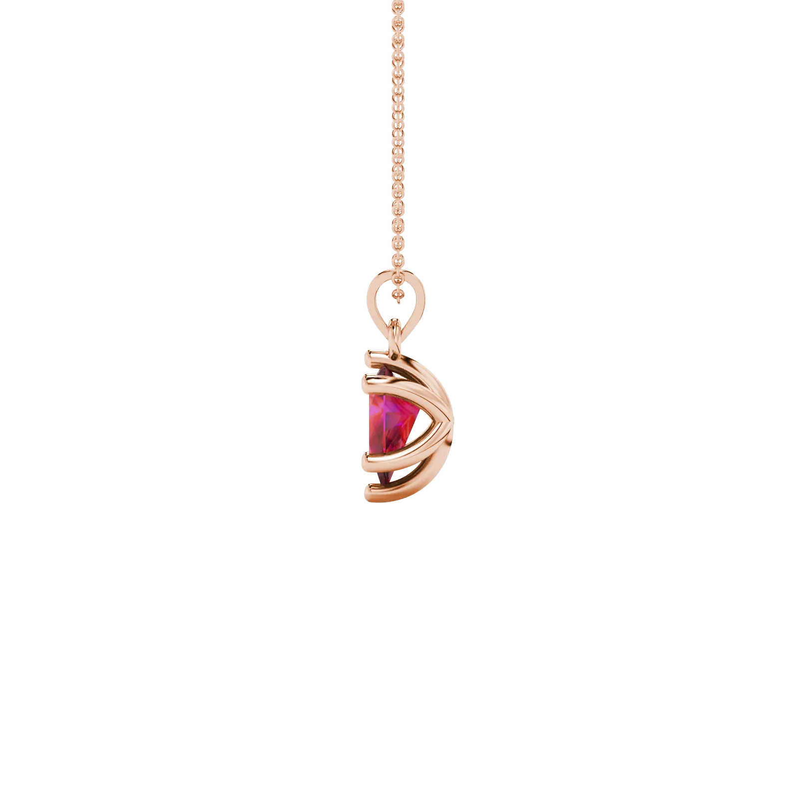 Side profile, rose gold raspberry red pendant, six-prong gallery design.