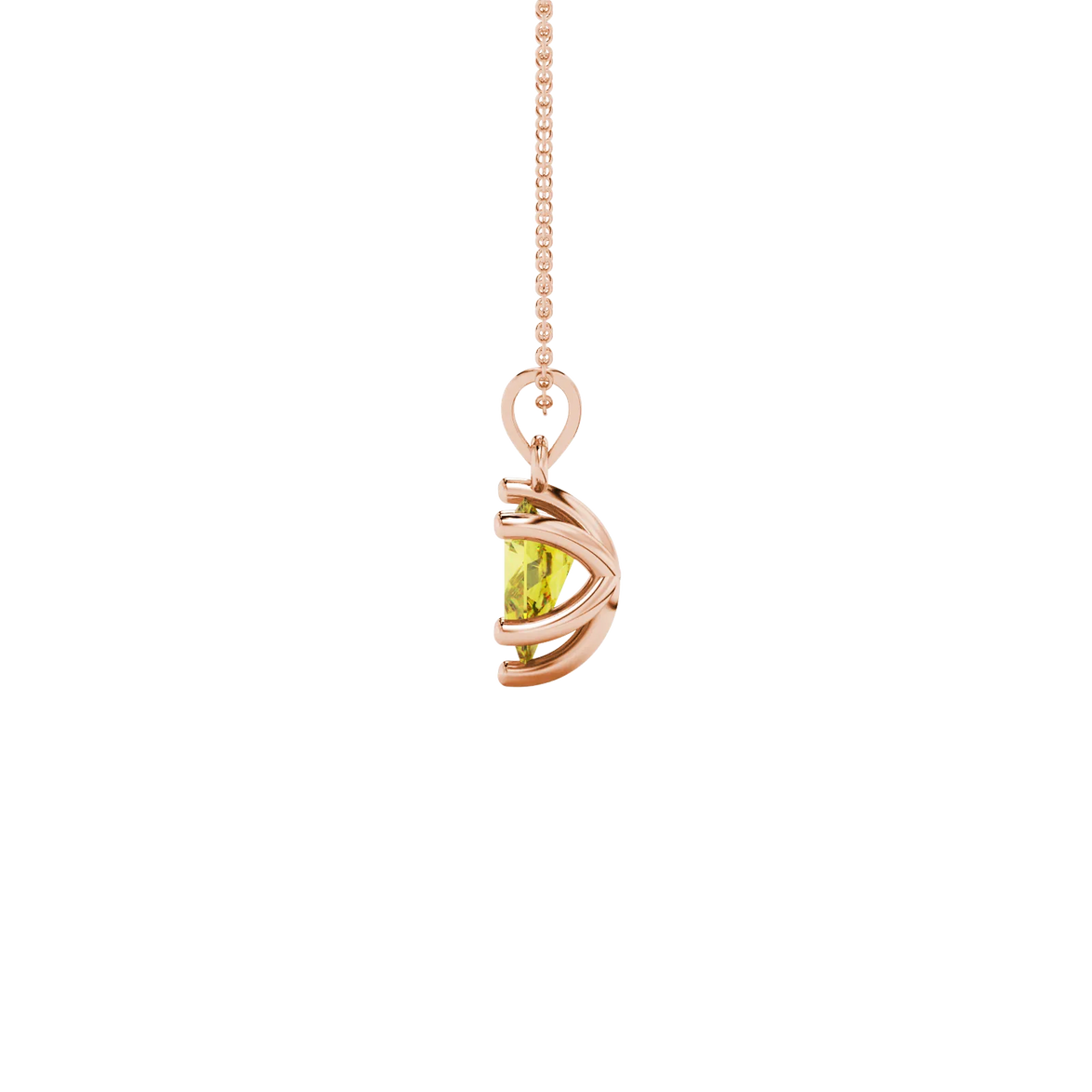 Side profile, rose gold canary yellow pendant, six-prong gallery design.