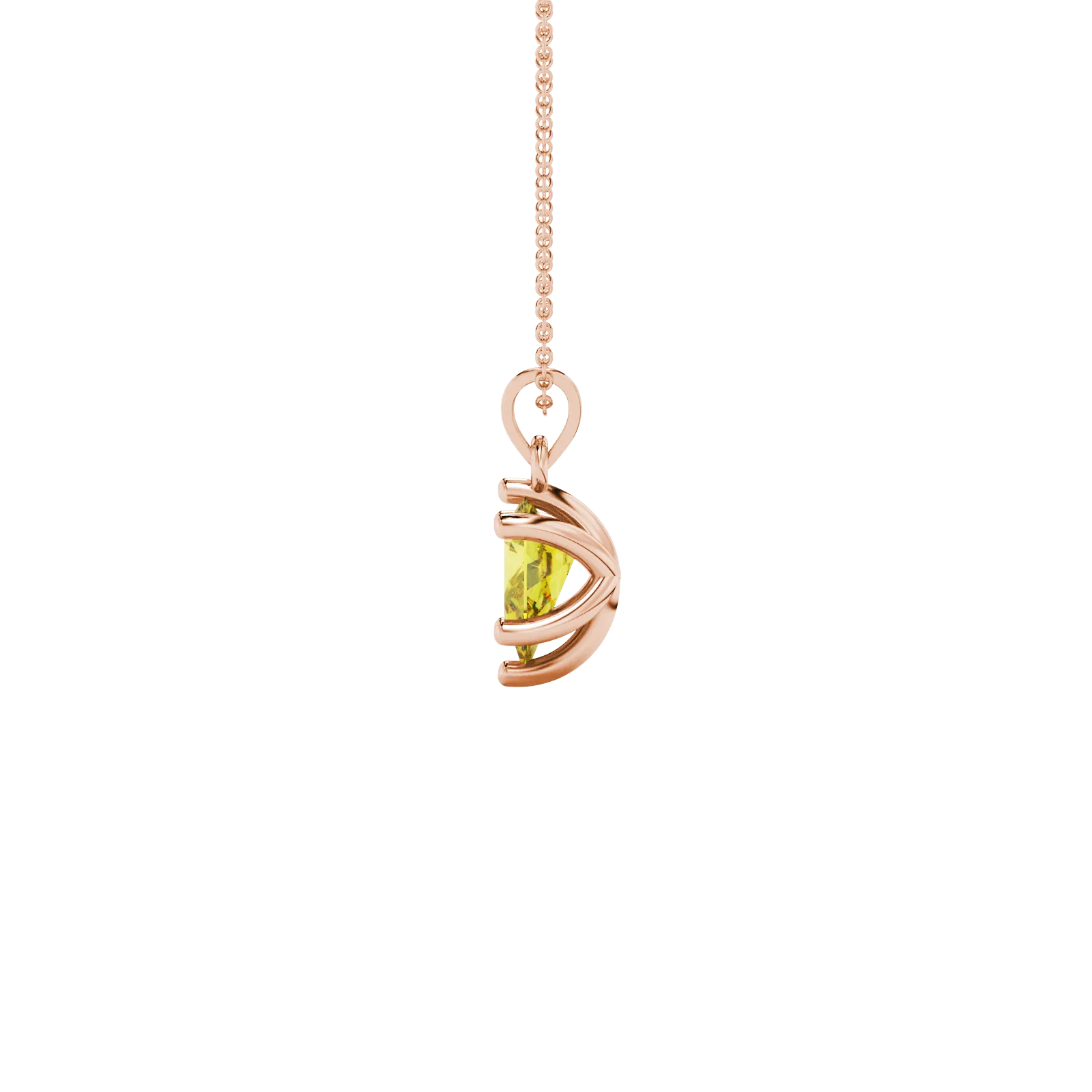 Side profile, rose gold canary yellow pendant, six-prong gallery design.