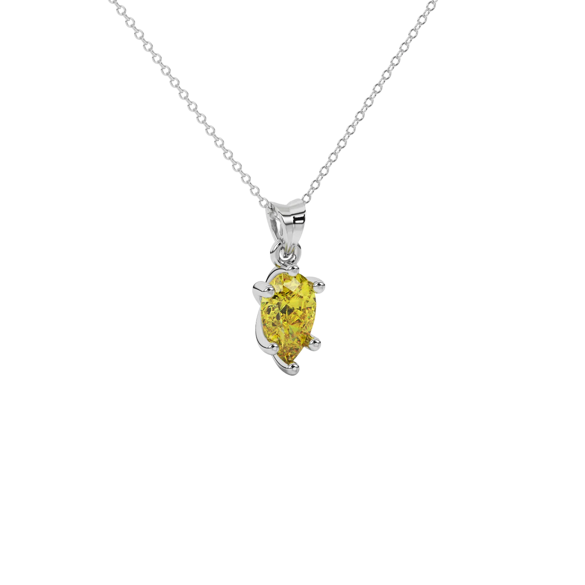 Close-up canary yellow gemstone, white gold six-prong setting.