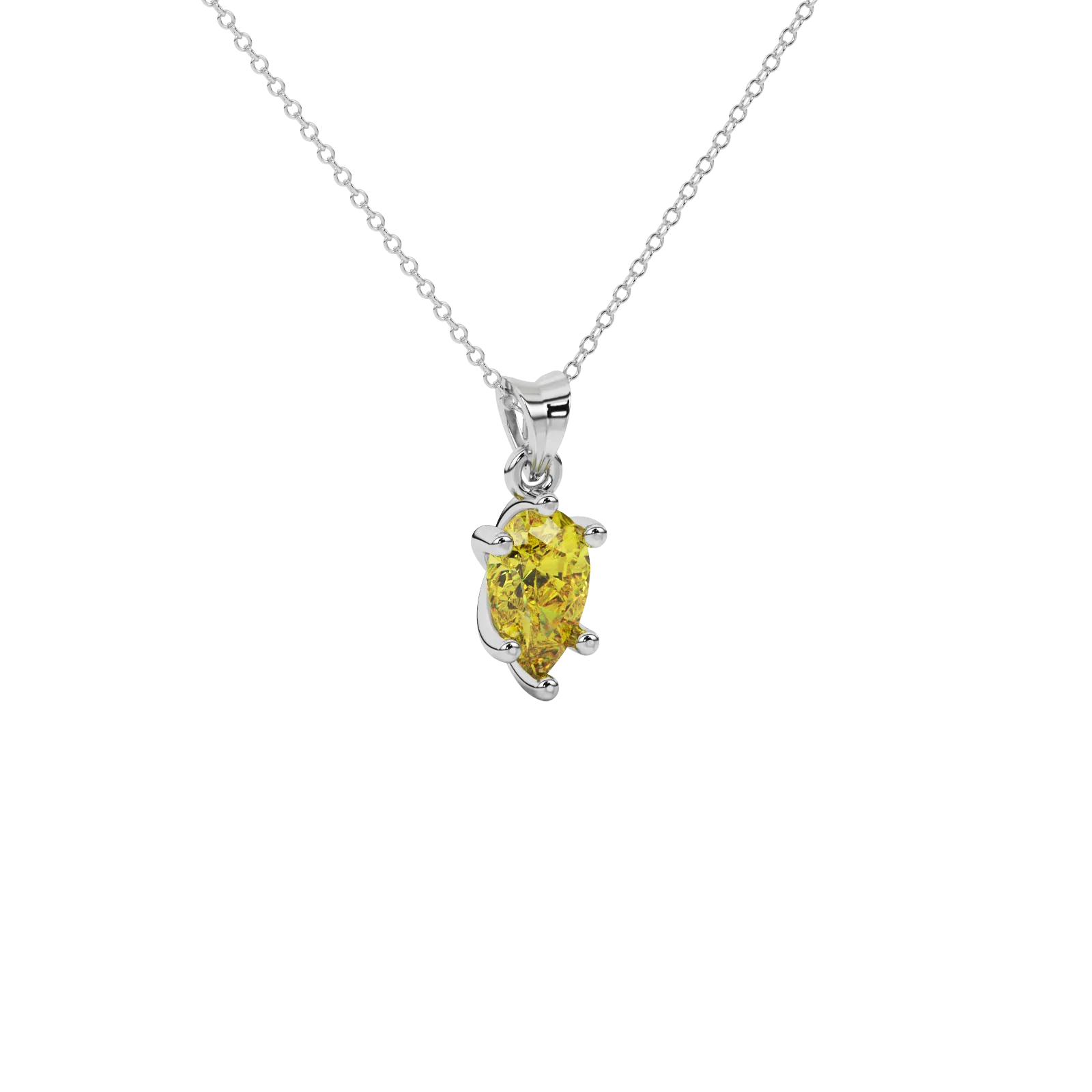 Close-up canary yellow gemstone, white gold six-prong setting.