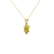 Close-up, pear shape canary yellow gemstone, yellow gold six-prong pendant.