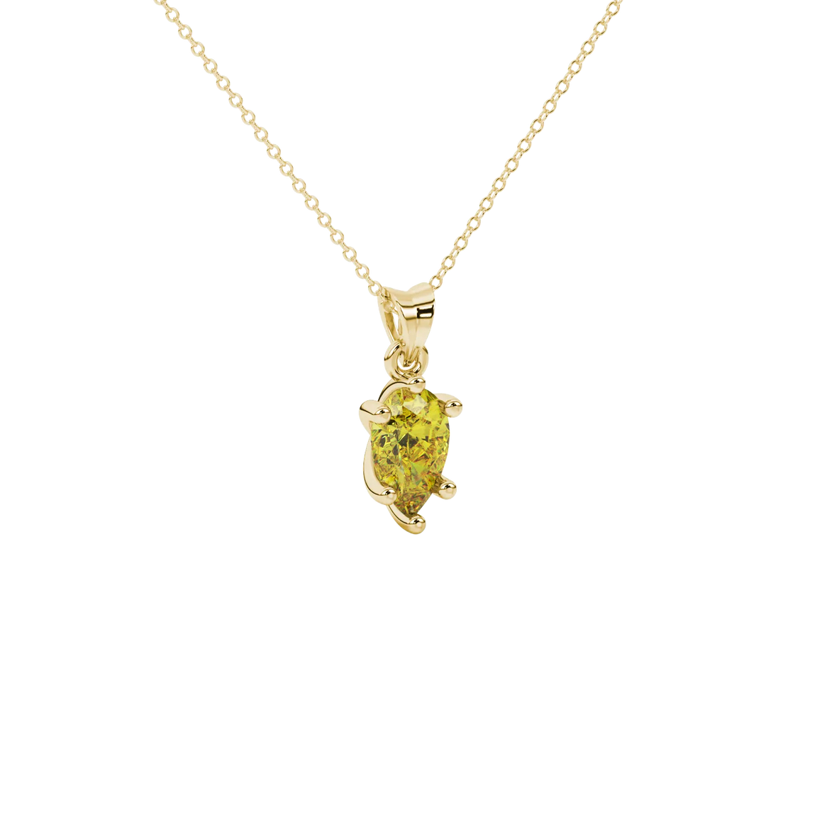 Close-up, pear shape canary yellow gemstone, yellow gold six-prong pendant.