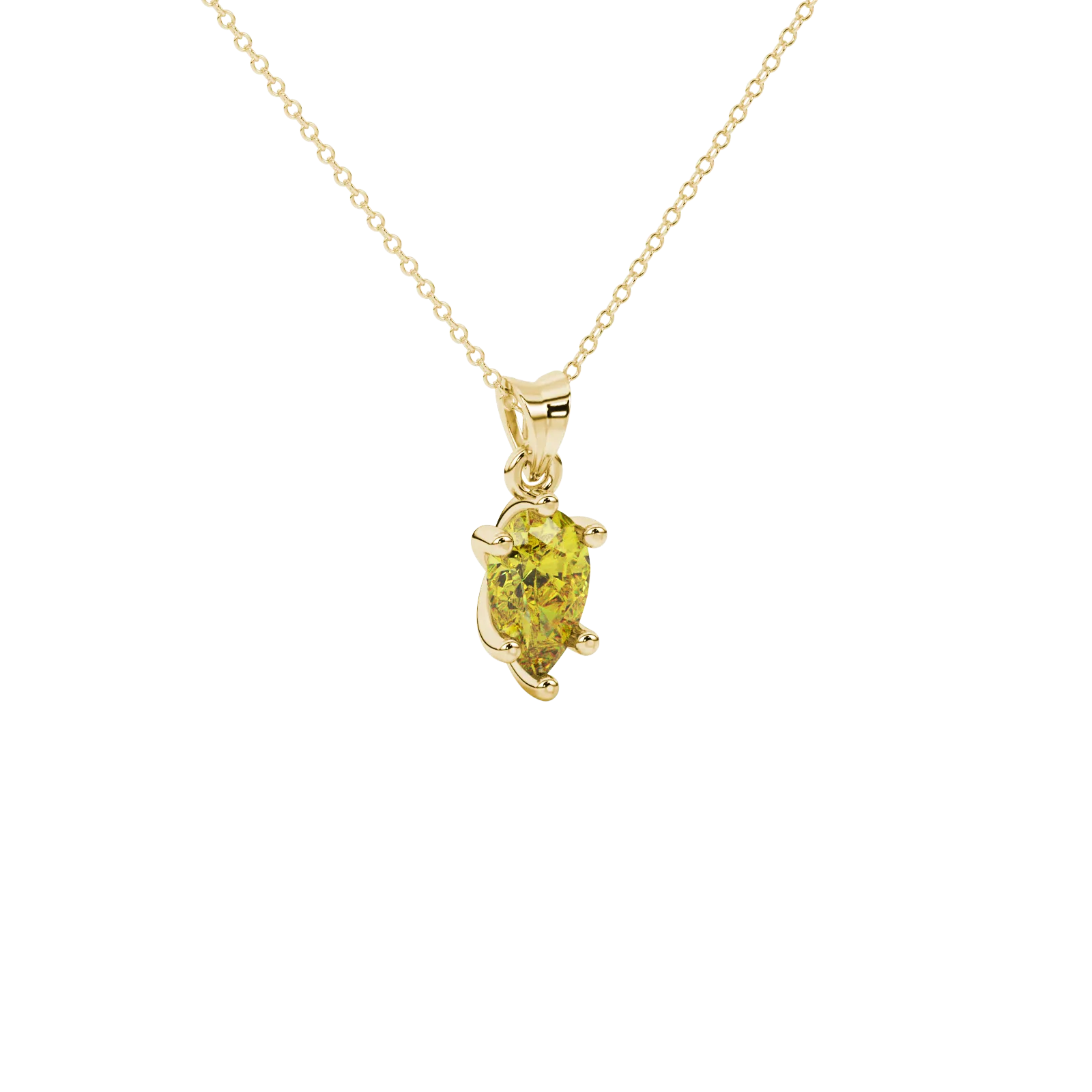 Close-up, pear shape canary yellow gemstone, yellow gold six-prong pendant.
