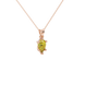 Close-up, pear shape canary yellow gemstone pendant, rose gold six-prong setting.