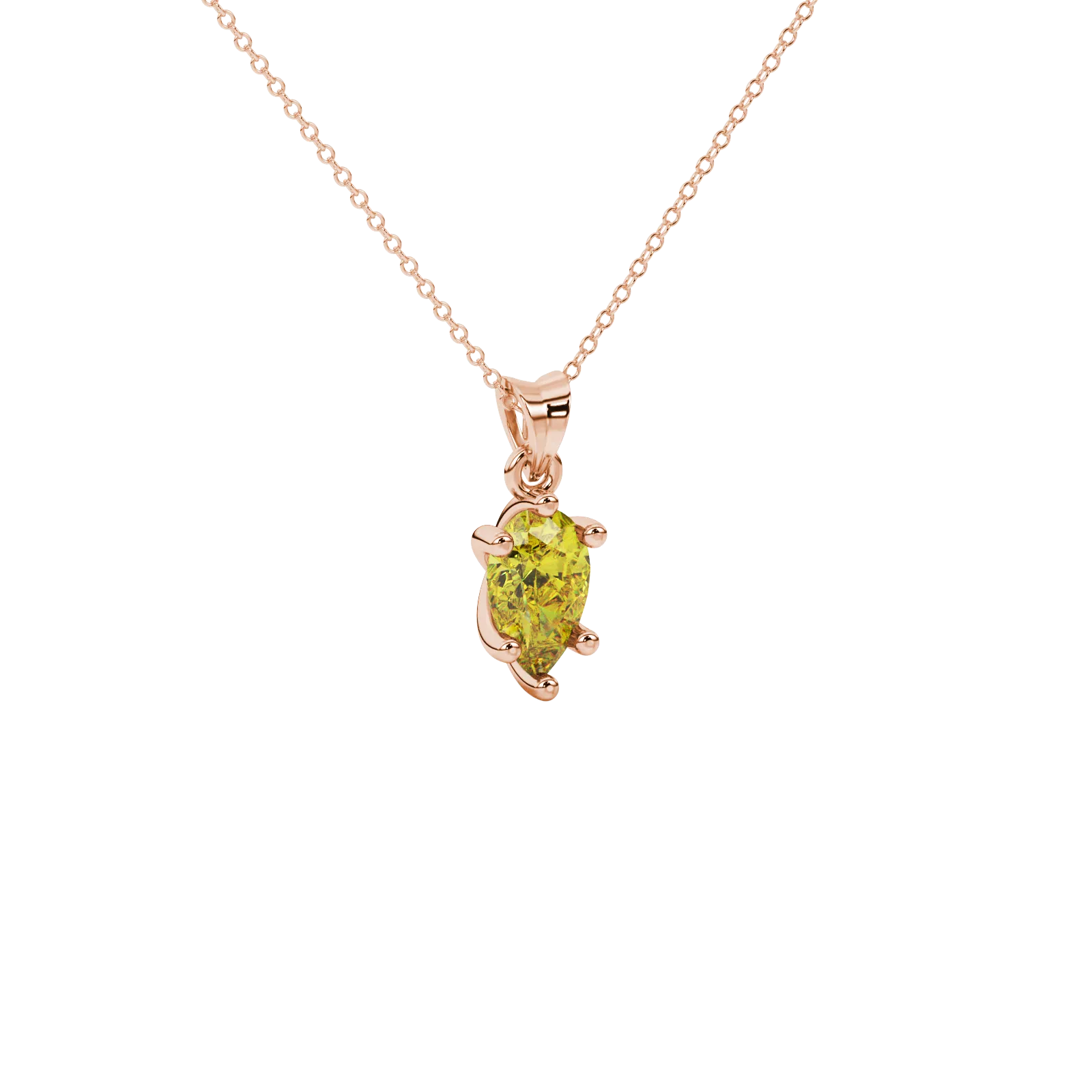 Close-up, pear shape canary yellow gemstone pendant, rose gold six-prong setting.