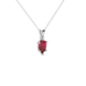 Close-up raspberry red gemstone, white gold six-prong setting.