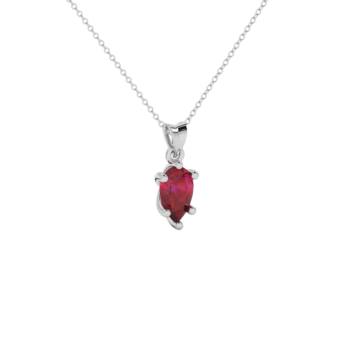 Close-up raspberry red gemstone, white gold six-prong setting.