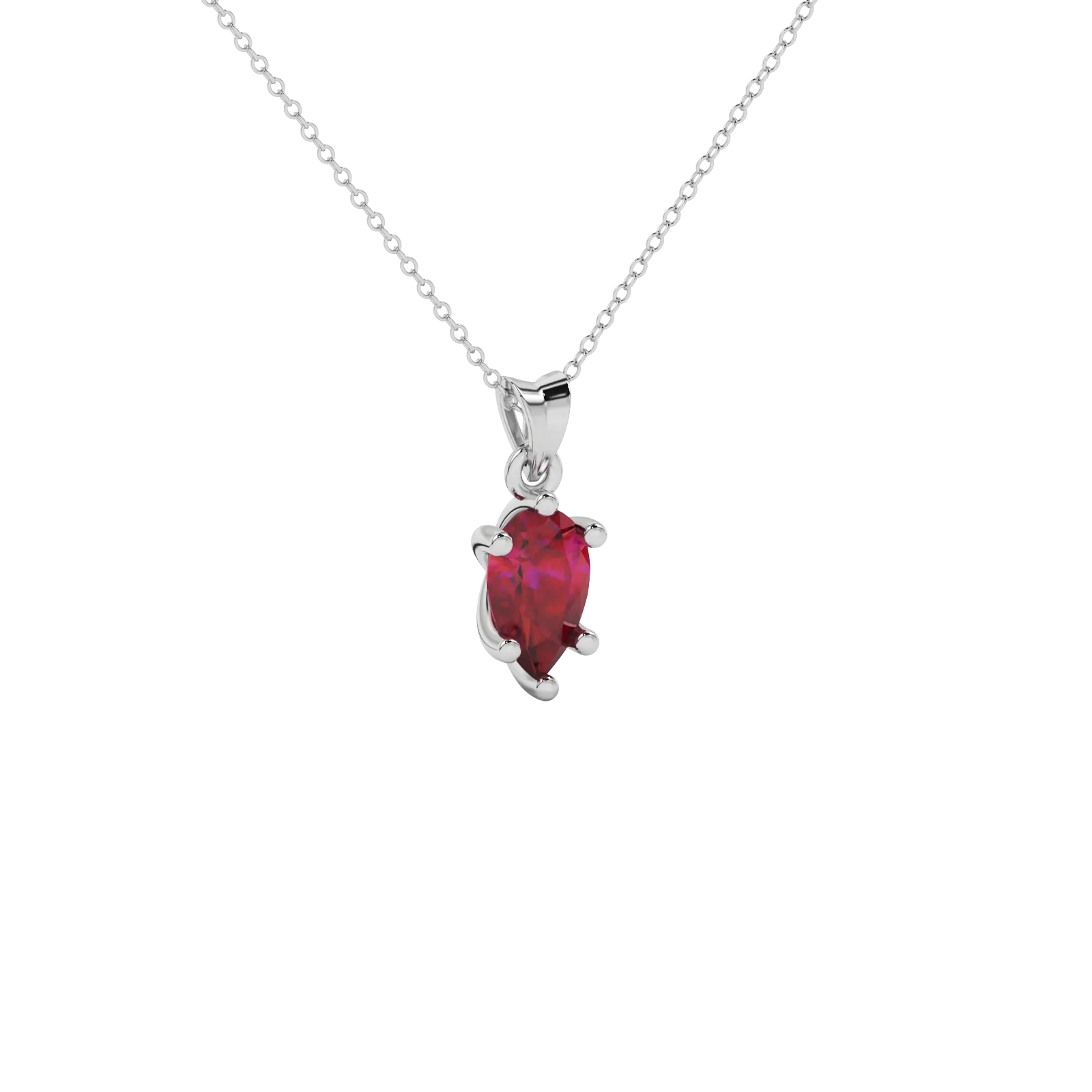 Close-up raspberry red gemstone, white gold six-prong setting.