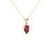 Close-up, pear shape raspberry red gemstone, yellow gold six-prong pendant.
