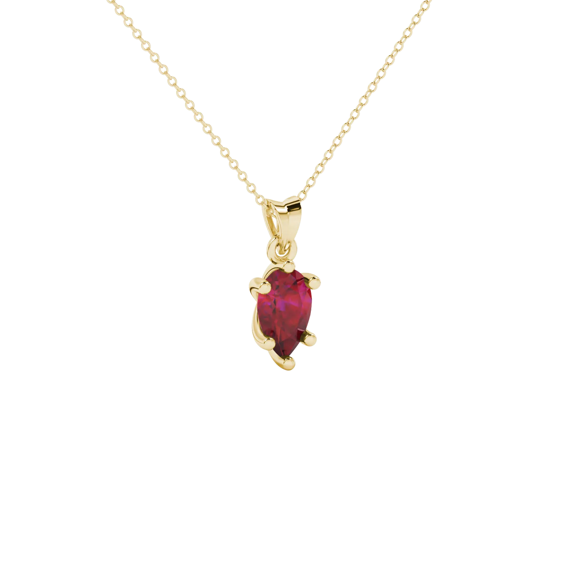 Close-up, pear shape raspberry red gemstone, yellow gold six-prong pendant.