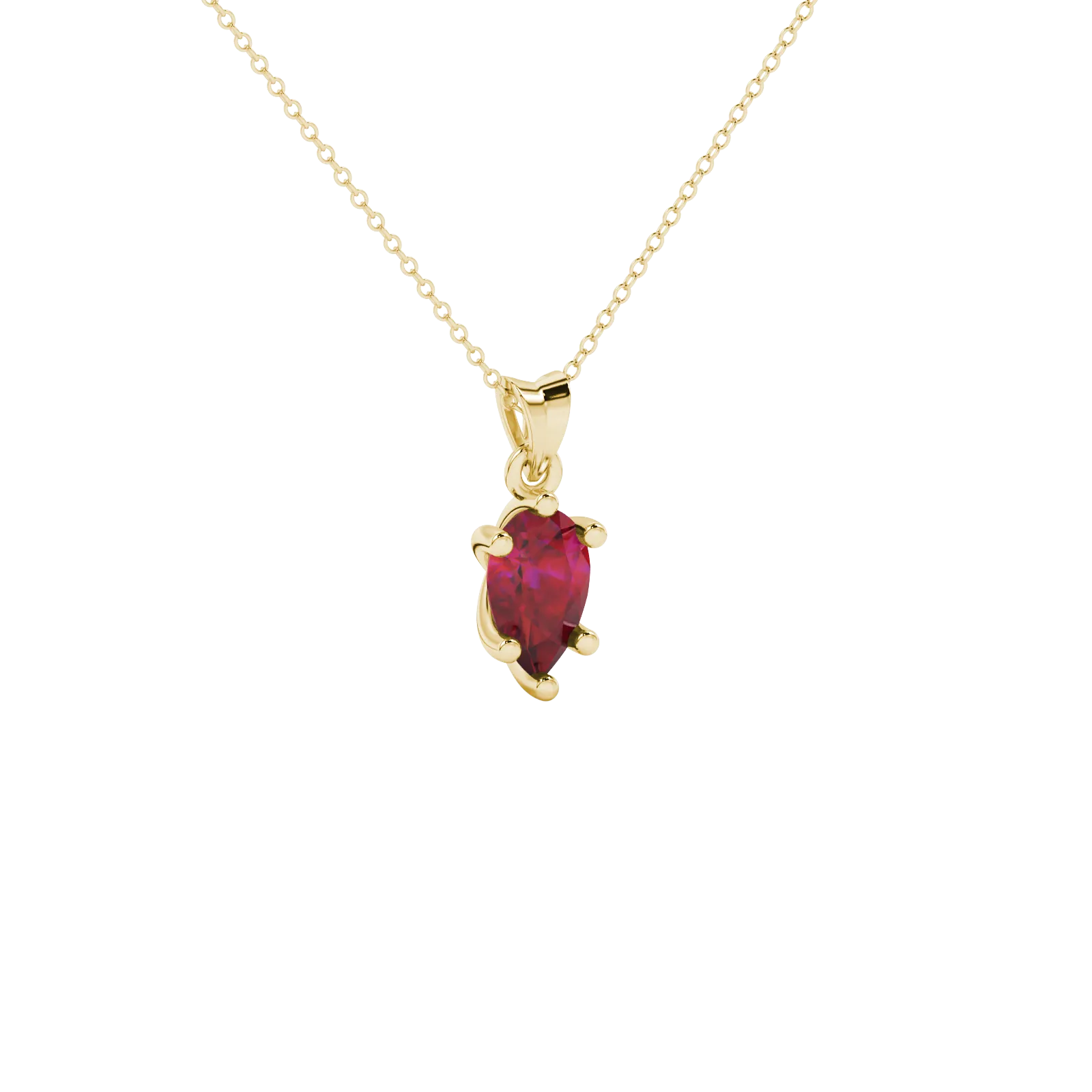 Close-up, pear shape raspberry red gemstone, yellow gold six-prong pendant.