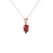 Close-up, pear shape raspberry red gemstone pendant, rose gold six-prong basket.