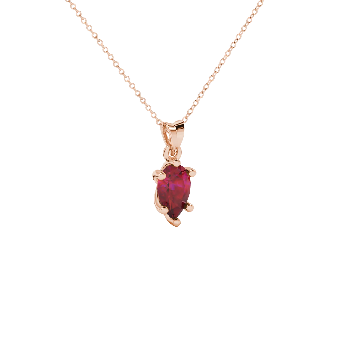 Close-up, pear shape raspberry red gemstone pendant, rose gold six-prong basket.
