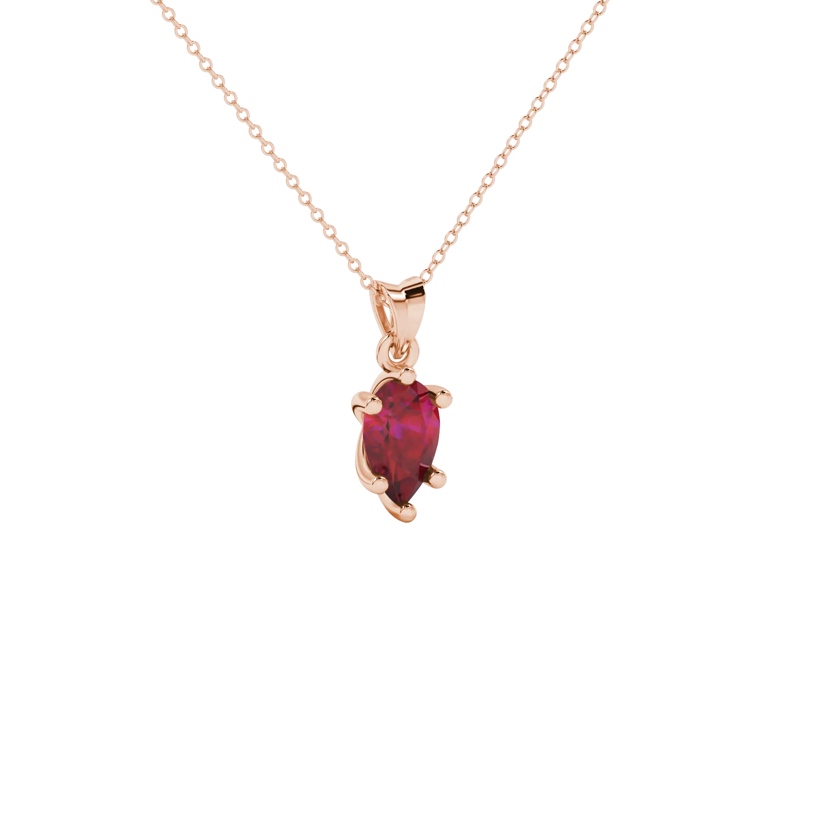 Close-up, pear shape raspberry red gemstone pendant, rose gold six-prong basket.