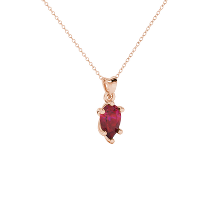 Close-up, pear shape raspberry red gemstone pendant, rose gold six-prong basket.