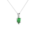 Close-up emerald green gemstone, white gold six-prong setting.
