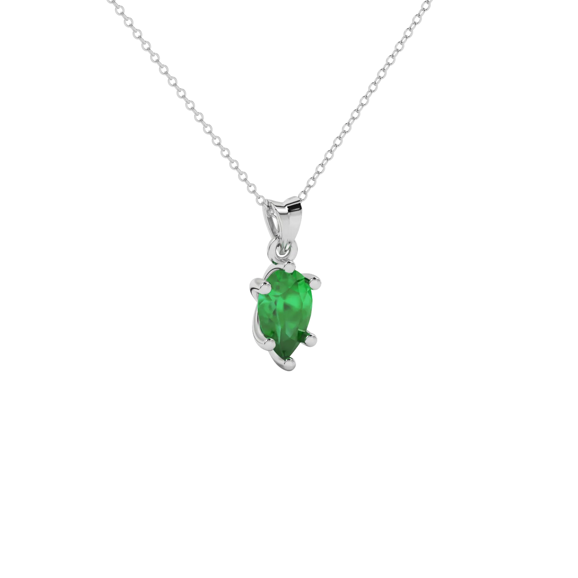 Close-up emerald green gemstone, white gold six-prong setting.