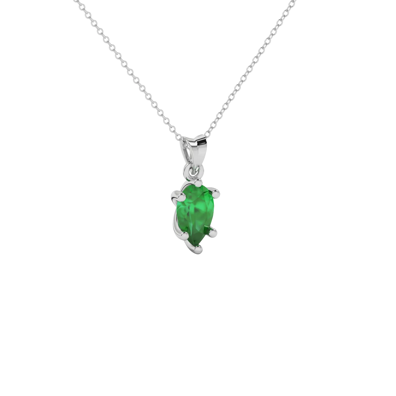 Close-up emerald green gemstone, white gold six-prong setting.