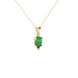 Close-up, pear shape emerald green gemstone, yellow gold six-prong pendant.
