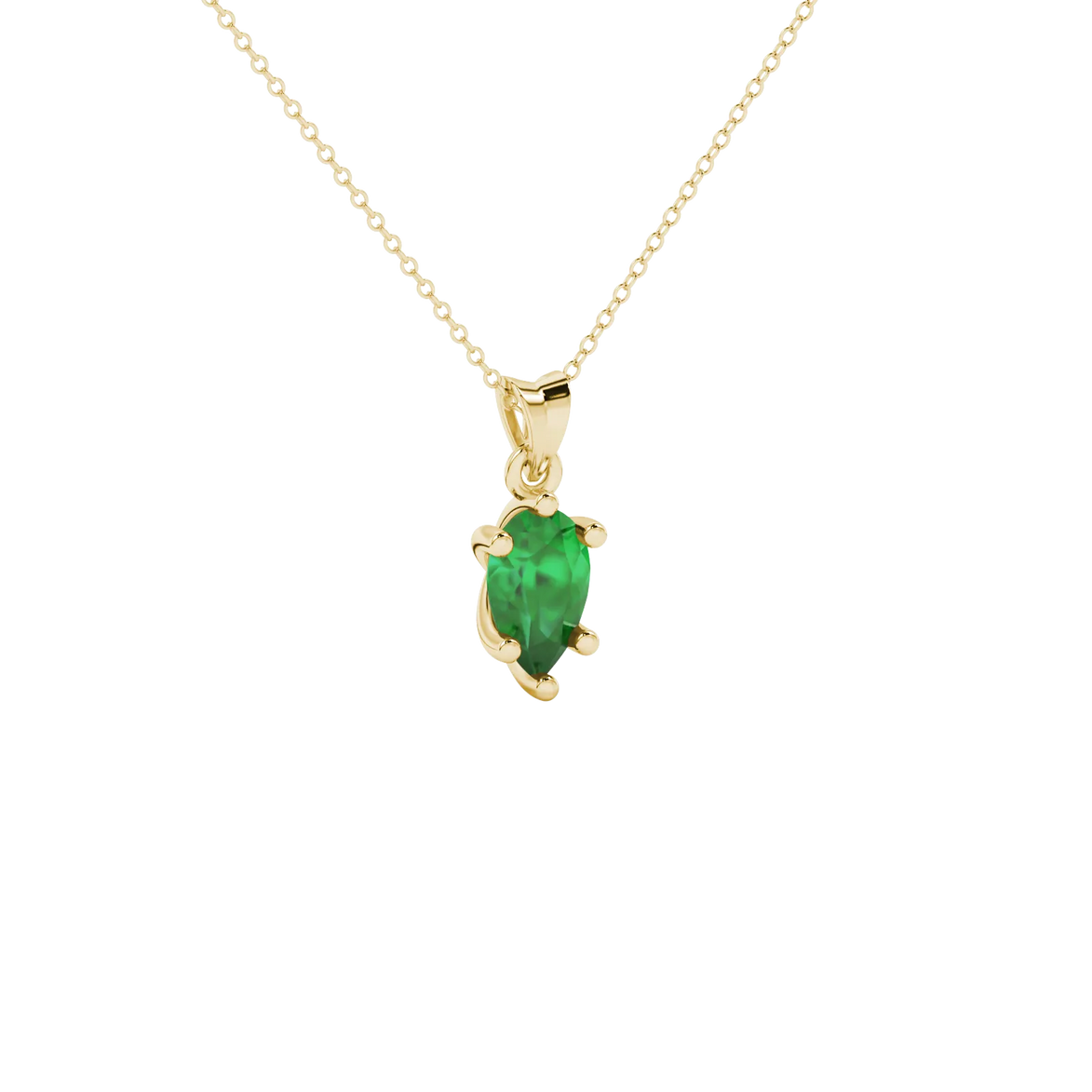 Close-up, pear shape emerald green gemstone, yellow gold six-prong pendant.