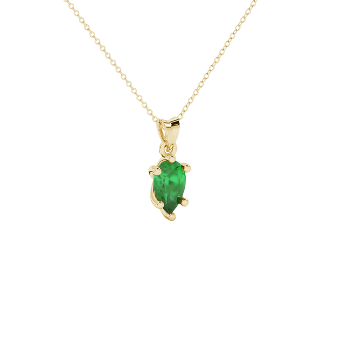 Close-up, pear shape emerald green gemstone, yellow gold six-prong pendant.