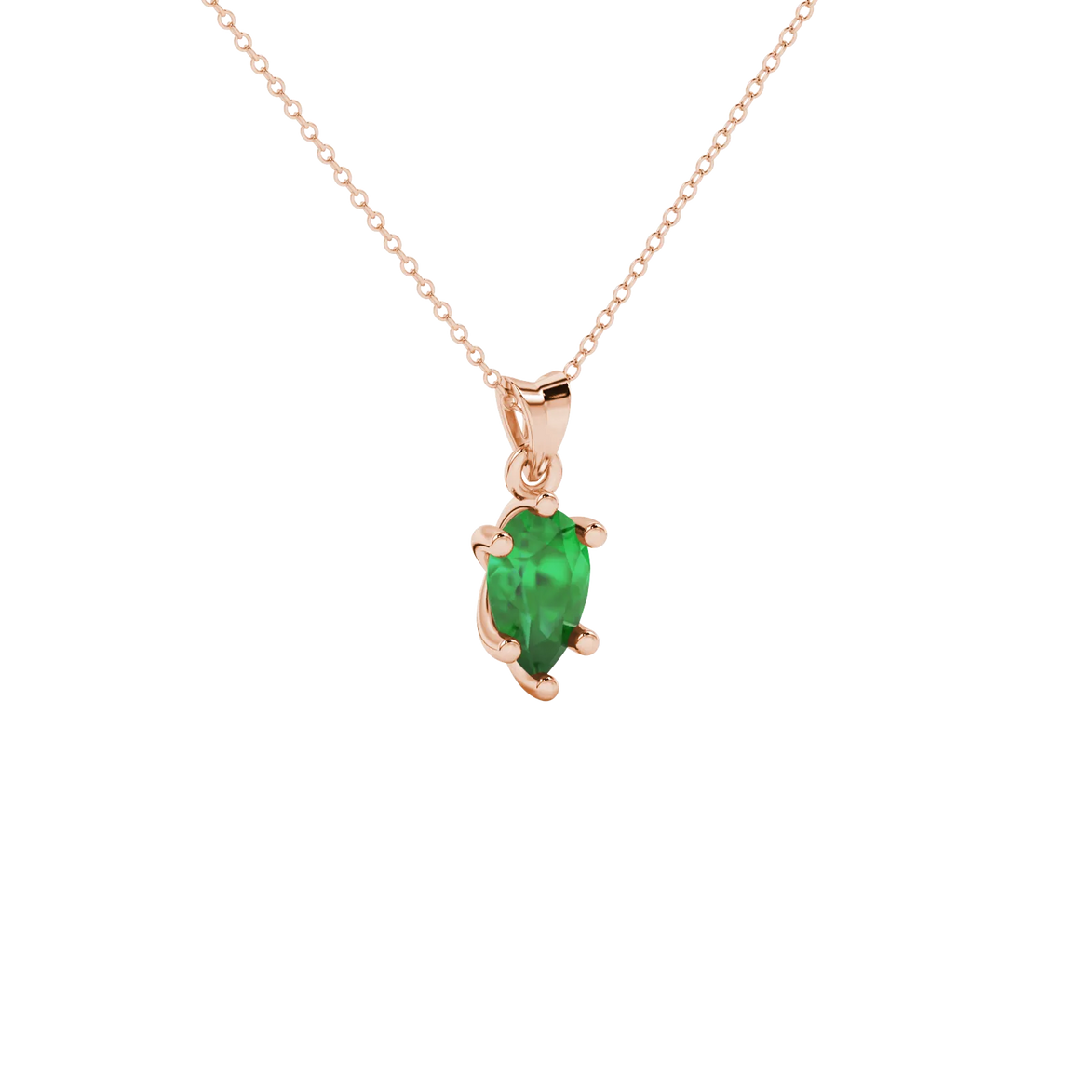 Close-up, pear shape emerald green gemstone pendant, rose gold six-prong setting.