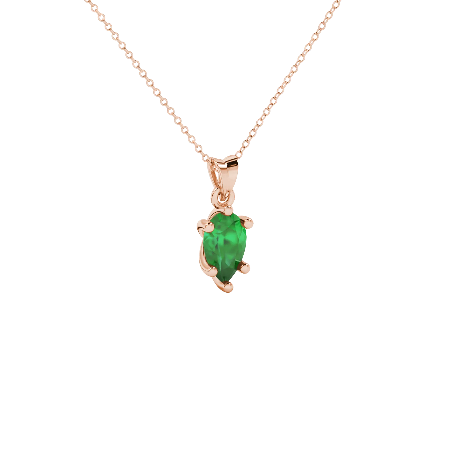 Close-up, pear shape emerald green gemstone pendant, rose gold six-prong setting.