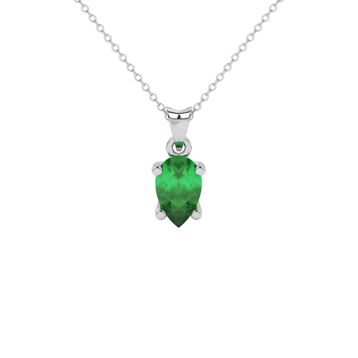 Pear shape emerald green gemstone pendant, white gold classic basket setting.