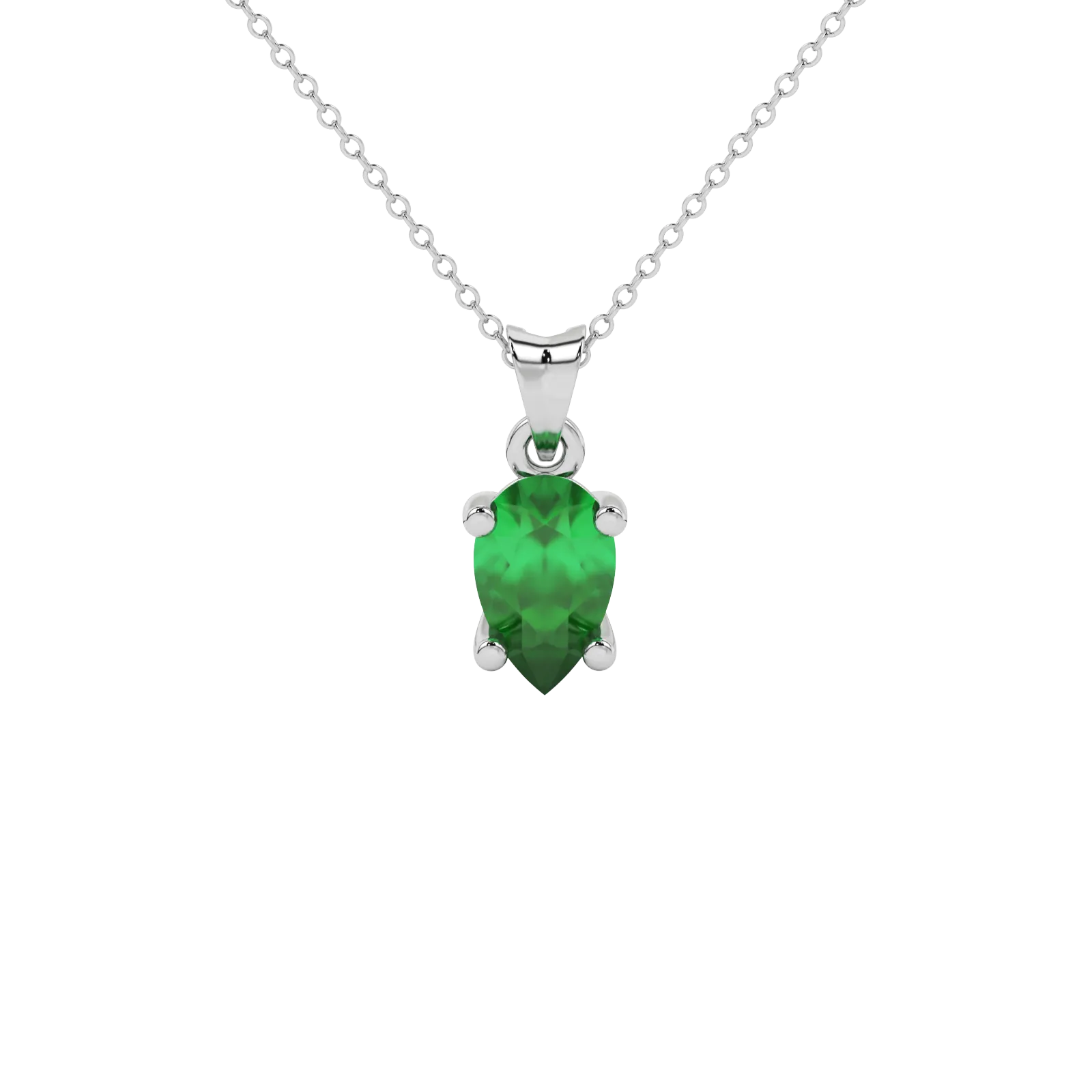 Pear shape emerald green gemstone pendant, white gold classic basket setting.