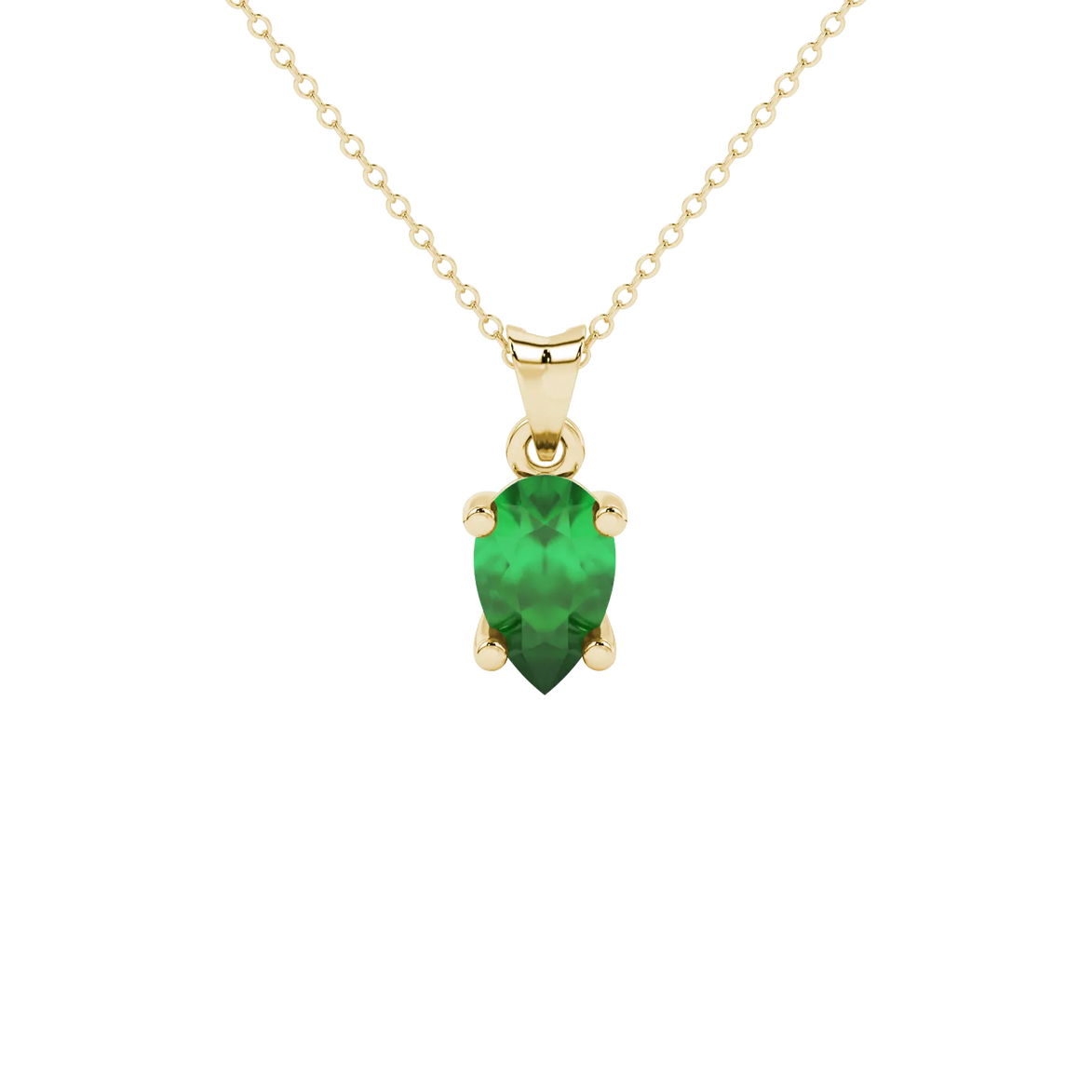 Pear shape emerald green gemstone pendant, yellow gold classic basket setting.