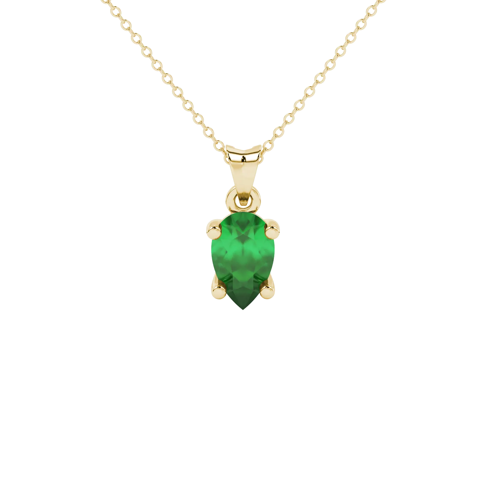 Pear shape emerald green gemstone pendant, yellow gold classic basket setting.