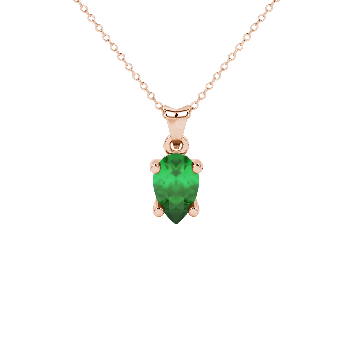 Pear shape emerald green gemstone pendant, rose gold classic basket setting.